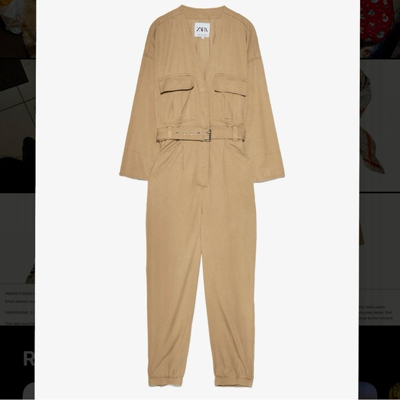 Zara Pants - ZARA Belted Beige V-Neck Cargo Jumpsuit